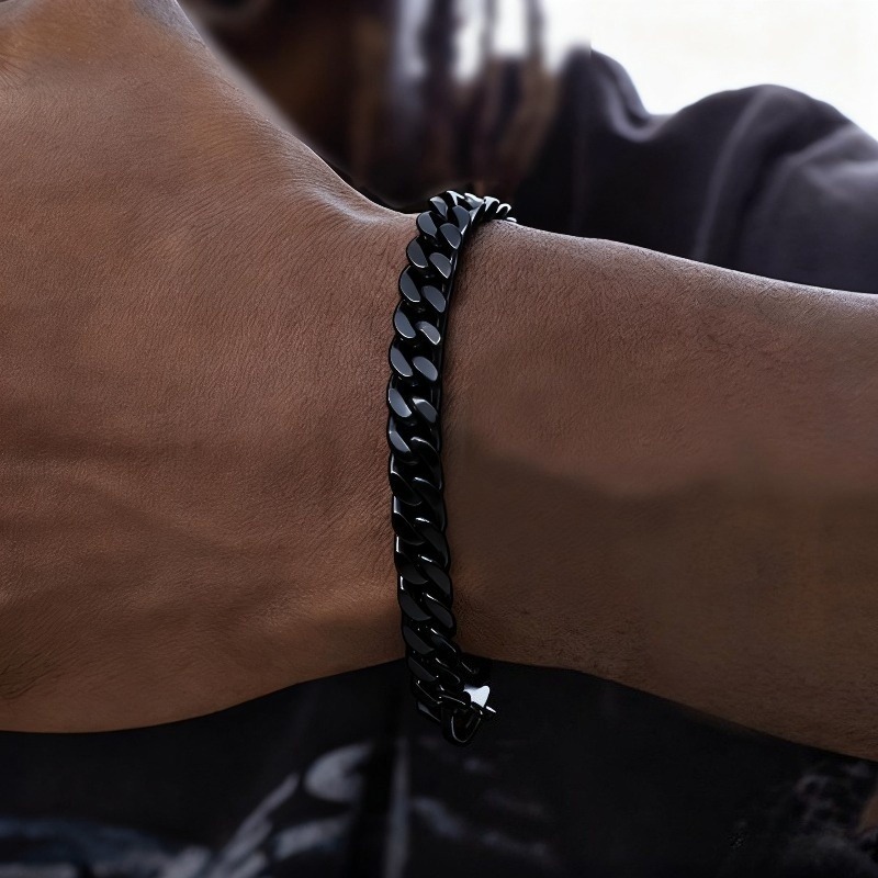 Unisex Black Cuban Link Bracelet, Heavy-Duty Chain Design